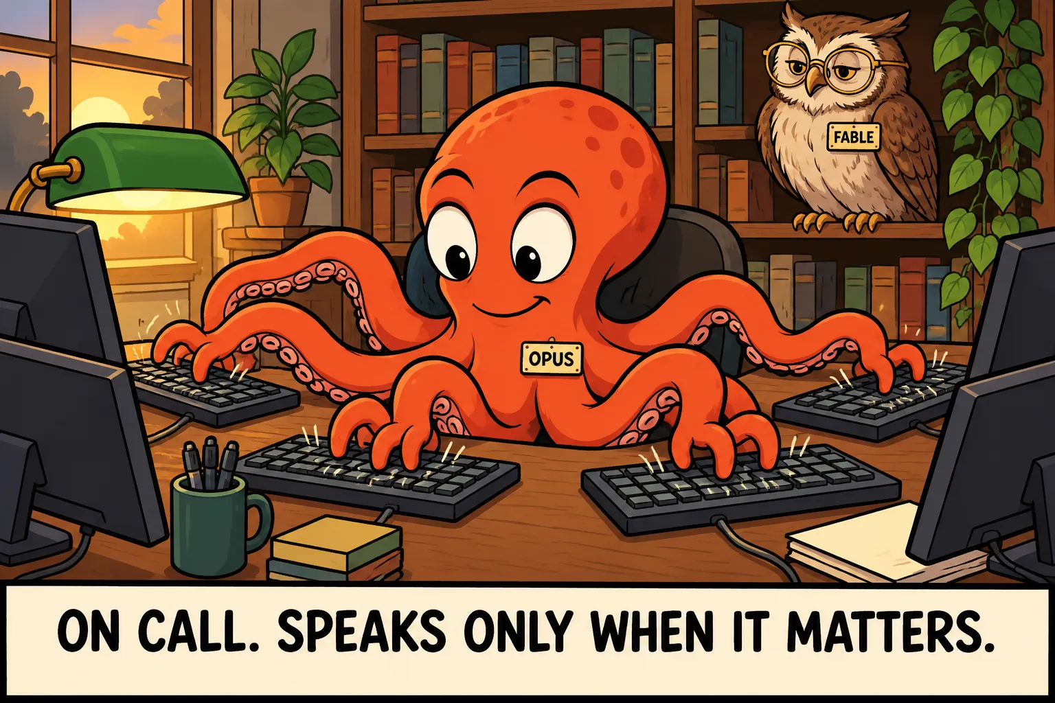 Cartoon of an orange octopus with an Opus name badge typing on four keyboards at once, while an owl in reading glasses with a Fable badge watches from a bookshelf. Caption: On call. Speaks only when it matters.