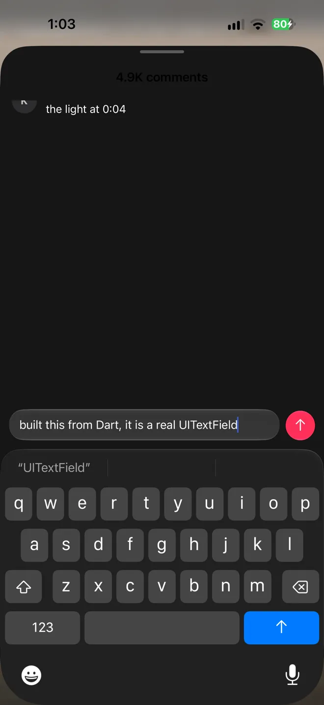 The comments sheet: a native iOS sheet with a grabber, six comments, and a text field in a glass capsule sitting on the keyboard, with the Send return key and QuickType suggestions.