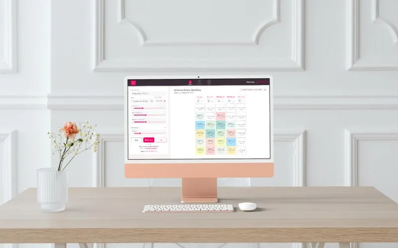 A DayOf wedding-day schedule grid on a desktop screen.