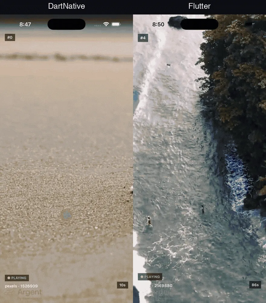 Side by side recording of the same eight rapid swipes on each app. DartNative on the left keeps playing with no stall. Flutter on the right shows a buffering spinner appear mid-clip.