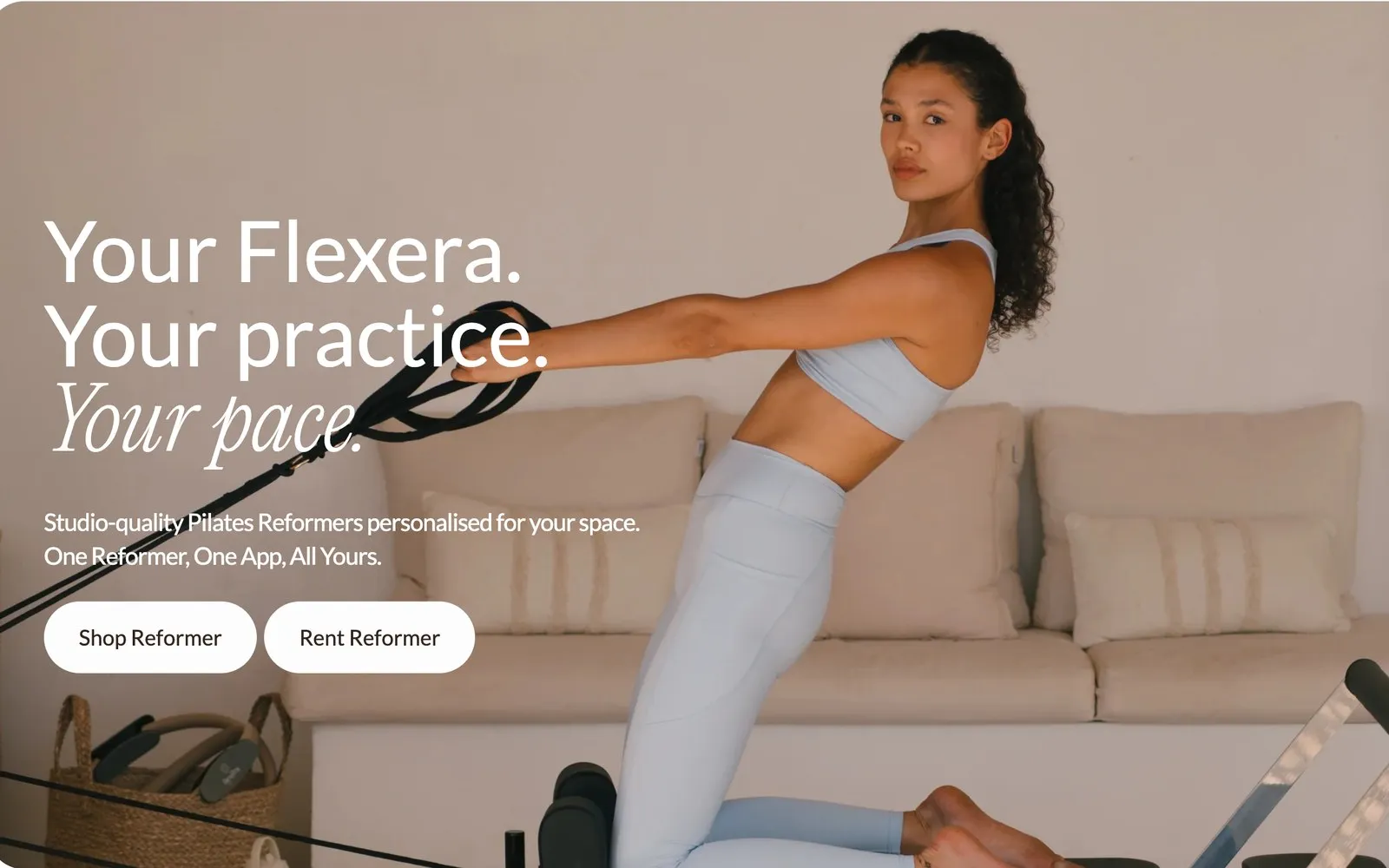 Flexera home page: a woman training on a Flexera Pilates reformer at home.