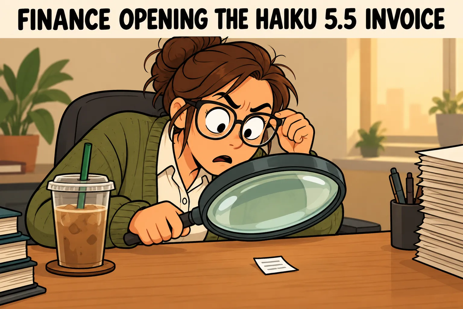 Cartoon of an accountant in a green cardigan peering through a huge magnifying glass at a tiny paper invoice on her desk. Caption: Finance opening the Haiku 5.5 invoice.