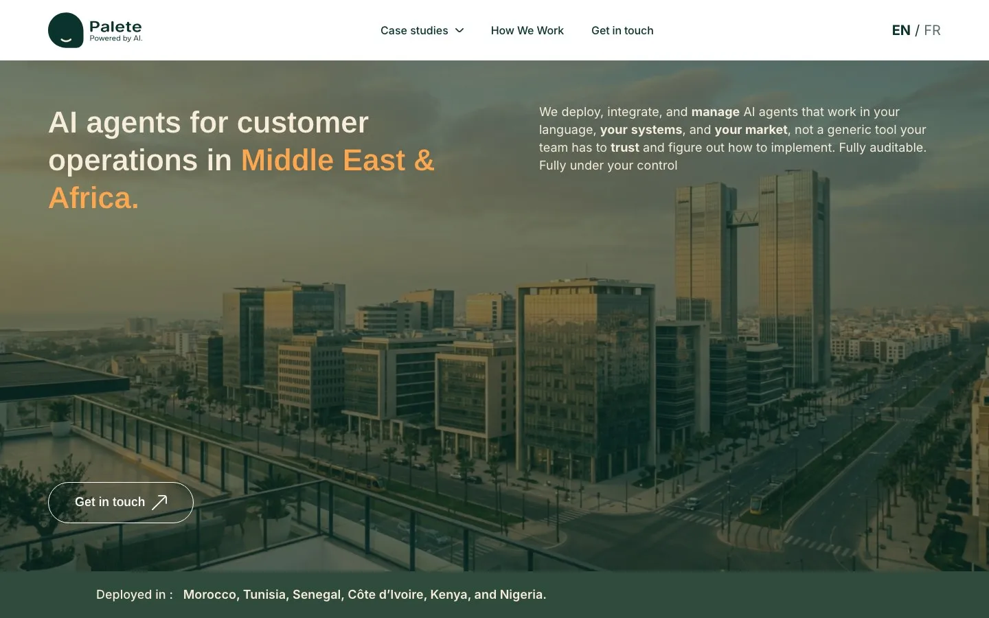 Palete home page: AI agents for customer operations in the Middle East and Africa, deployed in six countries.