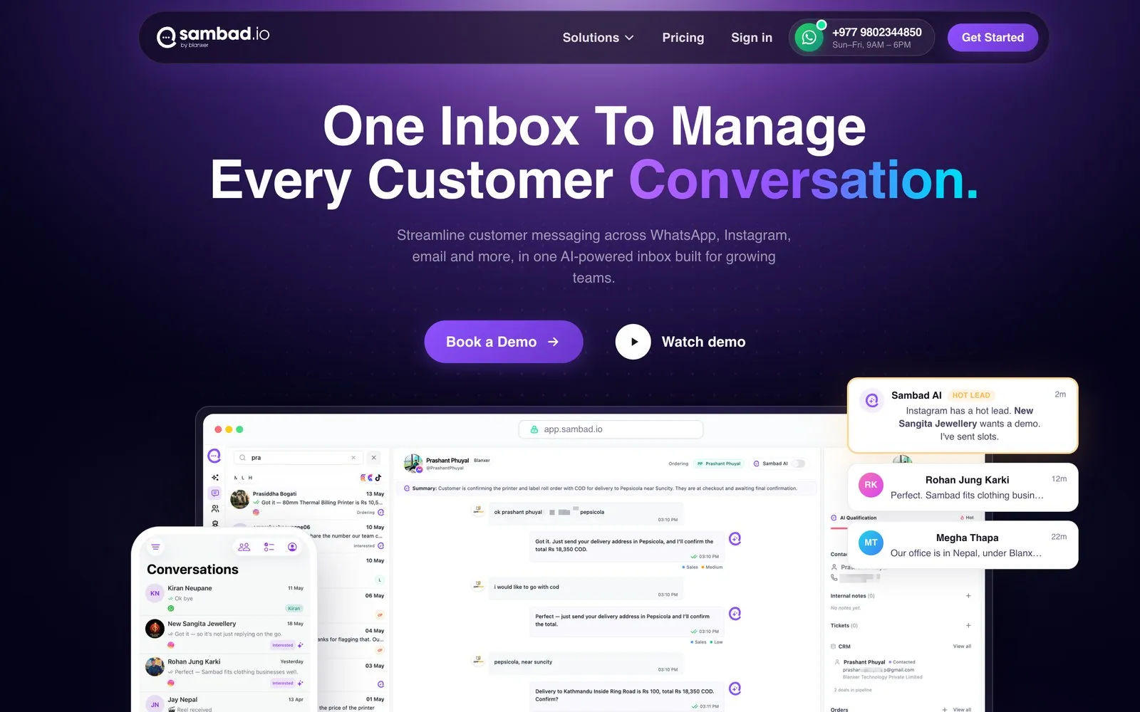 Sambad home page showing its shared inbox on desktop and phone, with AI lead alerts.