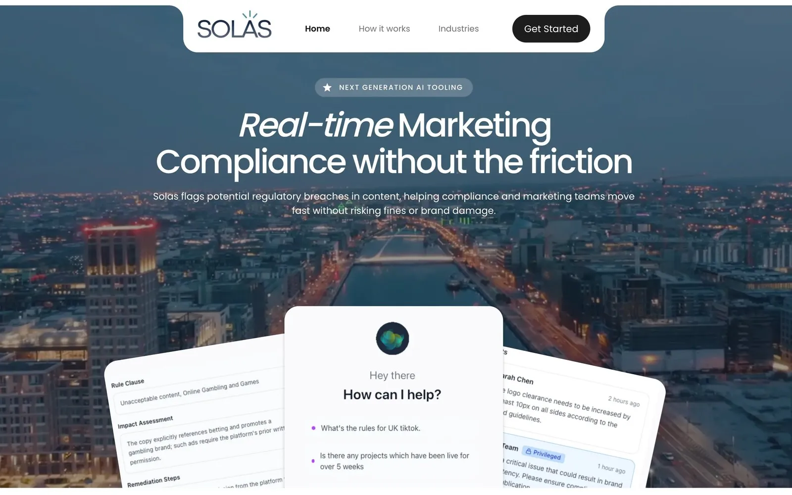 Solas Compliance home page, with a rule clause, an assistant chat and review comments laid over a city at night.
