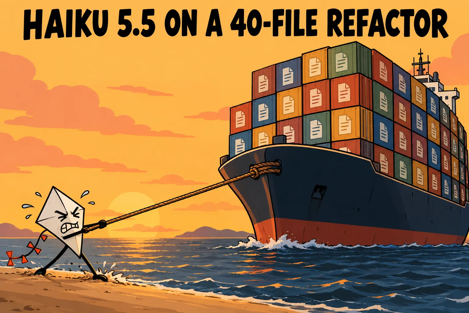 Cartoon of a tiny paper kite on a beach straining to pull a huge cargo ship stacked with file containers. Caption: Haiku 5.5 on a 40-file refactor.